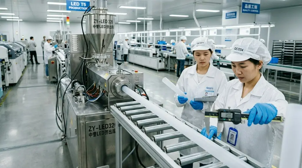 A high-tech factory assembly line in China showing precision extrusion of LED T5 plastic tube housings with clean aesthetic and quality control engineers.